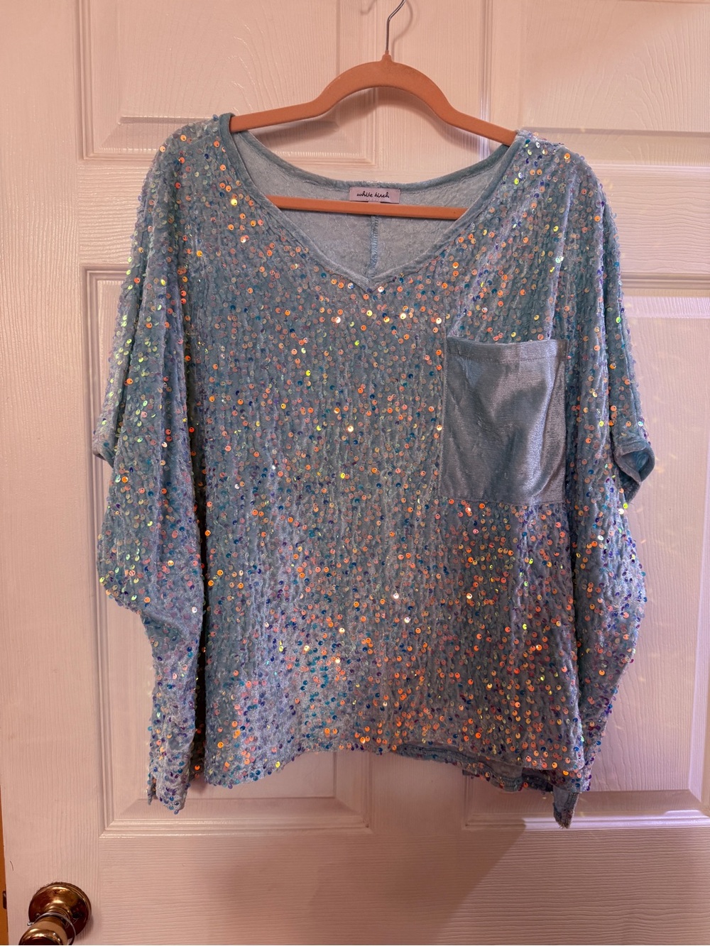 white birch Iridescent Sequin V-Neck Pocket Sweatshirt in Light Blue